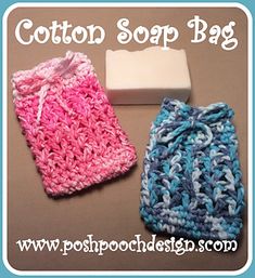 two crocheted items are sitting next to each other with the words cotton soap bag on it