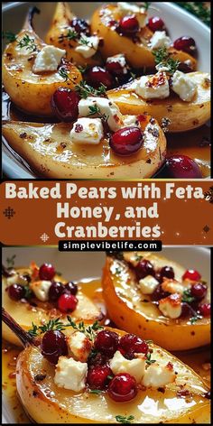 baked pears with feta, honey and cranberries