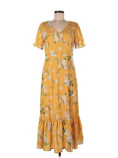 Shein Casual Dress Size: Medium Yellow Dresses - used. 97% POLYESTER, 3% SPANDEX, V-Neck, Midi/Calf Length, Short Sleeve | Shein Casual Dress: Yellow Dresses - Used - Size Medium Spring Floral V-neck Dress Lined, Summer Floral V-neck Dress Lined, Lined V-neck Floral Dress For Summer, Summer Floral V-neck Lined Dress, Lined V-neck Floral Summer Dress, Lined V-neck Sundress With Floral Design, Lined V-neck Floral Sundress, V-neck Dress With Floral Print, V-neck Floral Print Dress