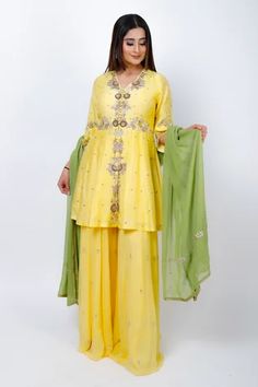 Shop for GEETIKA JAIN Yellow Dabka Embroidered Peplum Kurta Sharara Set for Women Online at Aza Fashions Potli Button, Silk Sharara, Contrast Dupatta, Kurta Sharara Set, Kurta Sharara, Sharara Set, Floral Motifs, Embroidered Silk, Set For Women