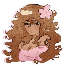 a drawing of a woman with curly hair wearing glasses and a flower in her hair