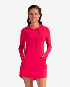 Women wearing watermelon hoodie dress. (Style 2009) - BloqUV Tennis Outfit, Pickle Ball, Bathing Suit Cover, Beach Tennis, Sporty Casual, Bathing Suit Covers, Hooded Dress, Bathing Suit Cover Up, Tennis Clothes