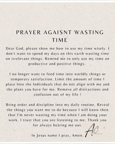 a prayer card with the words prayer against wasted time