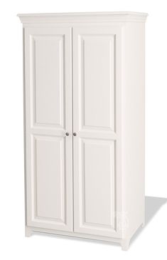 a white armoire with two doors and drawers