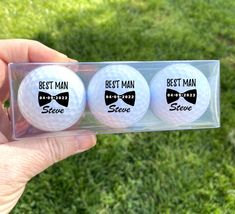 three golf balls with the words best man and steve on them