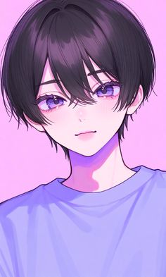 an anime character with black hair and blue eyes, wearing a purple t - shirt