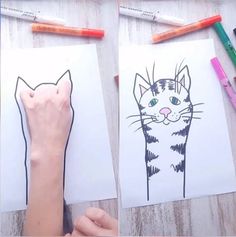 two pictures of cats with colored pencils on them