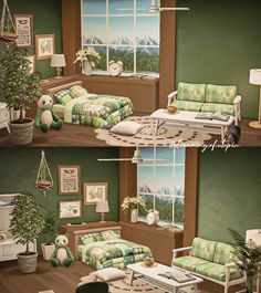 two pictures of a living room with green walls and wood flooring, one is decorated in the same style as the other