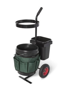 two buckets with wheels and handles on the side, one has a handle to pull it