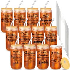 twelve honey jars with labels on them