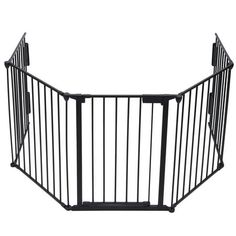 a black metal gate that is open and closed