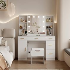 a white vanity with lights on it in a bedroom