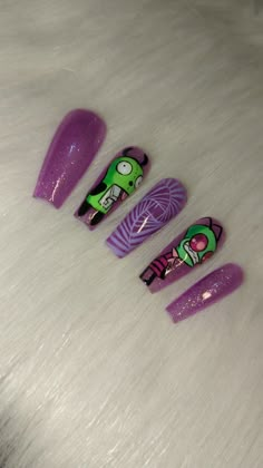 Invader Zim Nail Art, Gir Nails Invader Zim, Jelly Nails Purple, Nickelodeon Nails, Nails Trippy, Complicated Nails, Adventure Time Nails, Trippy Nails