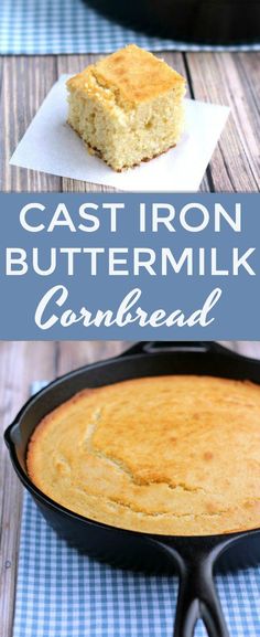 cast iron buttermilk cornbread in a skillet on a wooden table with text overlay