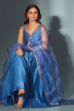 Blue chanderi anarkali with pleated flare and leaf neck. Paired with cotton gathered churidar, organza dupatta with all over butti pattern zari and sequin embroidery.
Components: 3
Pattern: Embroidered
Type Of Work: Zari and Sequin Work
Neckline: Leaf Neck
Sleeve Type: Sleeveless
Fabric: Anarkali: Chanderi, Lining: Mulmul, Churidar: Cotton, Dupatta: Organza
Color: Blue
Other Details: 
Round back
Attached lining
Occasion: Mehendi and Haldi,Puja - Aza Fashions Blue Anarkali Dress, Chanderi Anarkali, Blue Anarkali, Lehenga Saree Design, Dresses Traditional, Women Kurta, Desi Fashion Casual, Cotton Dupatta, Sequin Embroidery