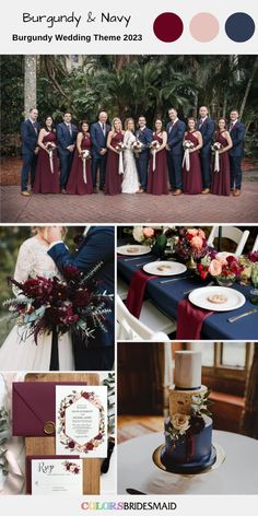 the wedding party is dressed in burgundy and navy