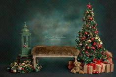 a christmas tree with presents and a bench