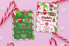 two christmas party cards with candy canes on pink background