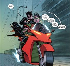 batman and catwoman riding on the back of a red motorcycle in a comic strip