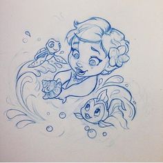 the little mermaid is swimming with her friends