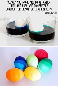 four different colored eggs sitting in bowls next to each other