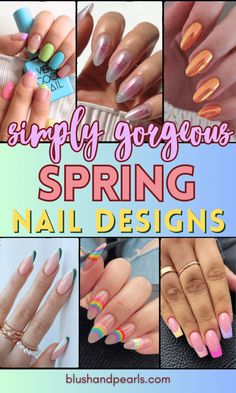 Fun, bright spring nail ideas for the floral season! Floral spring nail art, March green nails, Spring french tipped nails, classy spring nails, short spring nails, flower spring nails and more!