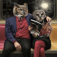 two people sitting next to each other on a train with an owl mask over their eyes