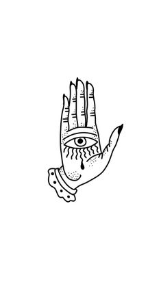 a black and white drawing of a hand with an eyeball on it's palm