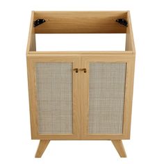 a wooden cabinet with two doors and one door open