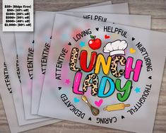 three cards with the words lunch lady and an apple on them, sitting next to each other