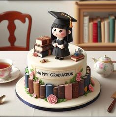 a cake decorated with books and a graduate's cap on top is sitting on a table