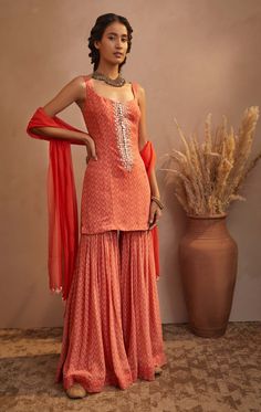 Aneesh Agarwaal | Orange Paisley Kurta Set | INDIASPOPUP.COM Orange Sharara, Aneesh Agarwaal, Dresses Lehenga, Sleeveless Kurta, Kurta Sharara Set, Indian Designs, Kurta Sharara