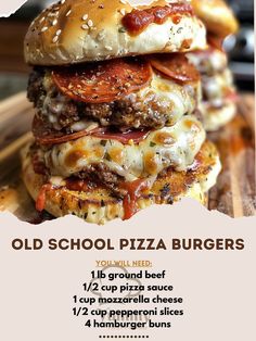 an advertisement for old school pizza burgers on a wooden board with text overlay