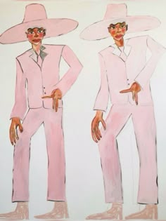 two men in pink suits and hats standing next to each other with their hands on their hips