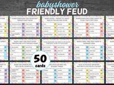 the printable baby shower game is shown in rainbow colors and includes 50 cards for each player