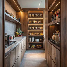 a kitchen with wooden cabinets and shelves filled with food