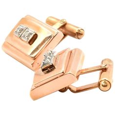 Each cufflink is made in 14k rose gold and set with 2 round brilliant diamonds with a combined weight of 0.18cttw. Each cufflink has a hinged attachment to make them more flexible to the wearer’s cuff. Each rectangular cufflink measures 15.30x17.31mm. The combined weight of the cufflinks is 19.40 grams. Classic Diamond Cufflinks With Polished Finish, Classic Diamond Cufflinks For Anniversary, Diamond Cufflinks With Polished Finish For Formal Events, Luxury 14k Rose Gold Formal Jewelry, Formal Diamond Cufflinks With Polished Finish, Luxury 14k Rose Gold Jewelry For Formal Occasions, Luxury Diamond Cufflinks For Anniversary, Classic Diamond Cufflinks For Business, Rose Gold Cufflinks For Formal Occasions