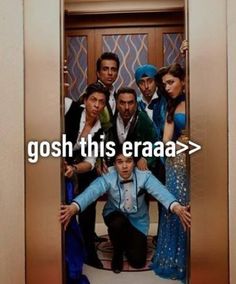 a group of people standing in an elevator with the caption gosh this era