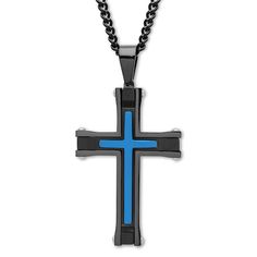 Crafted of black ion-plated stainless steel, this distinguished men's cross necklace features a blue ion-plated stainless steel center for contrast. The 24-inch curb chain fastens with a lobster clasp. Cross Necklace Black, Mens Cross Necklace, Jewelry King, Jewelry Advice, Mens Crosses, Blue Cross, Cross Jewelry, Necklace Black, Accessories Jewelry Necklace