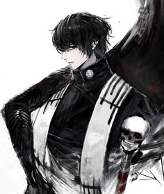 an anime character with black hair holding a knife and a skull in his right hand