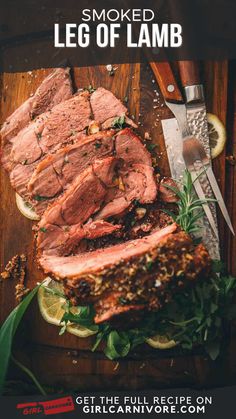 the cover of smoked leg of lamb on a cutting board