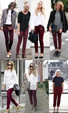 Outfit With Burgundy Pants, Outfit Pantalon Vino, Burgundy Jeans Outfit, Burgundy Pants Outfit, Wine Pants, Maroon Jeans, Maroon Pants, Burgundy Outfit