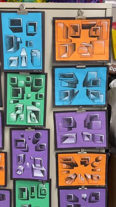 several different colored squares and shapes on display