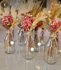 four clear vases with dried flowers in them