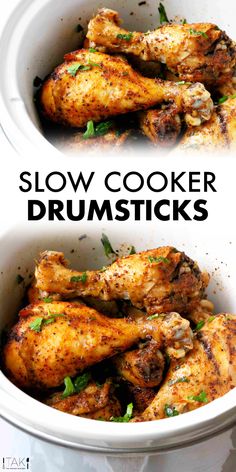 two pictures showing how to cook slow cooker drumsticks