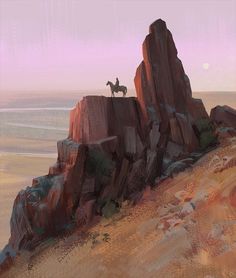 a painting of a horse standing on top of a rock formation near the ocean at sunset