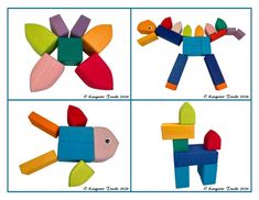 four pictures of colorful wooden toys in the shape of fish and bird shapes, each with different colors