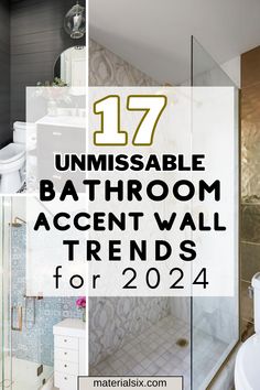 the bathroom is decorated in gold and white with text overlay that reads 17 unmissable bathroom accent wall trends for 2020