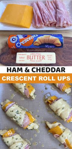 ham and cheddar crescent roll ups on a baking sheet