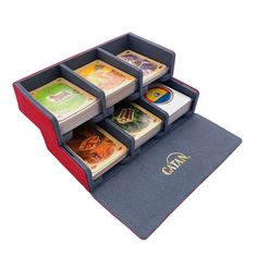 a red and blue case with cards in it